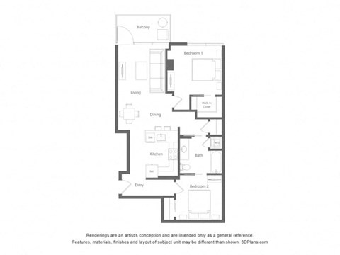 Floor plan for 1 bed, 1 bath, 913 sqft